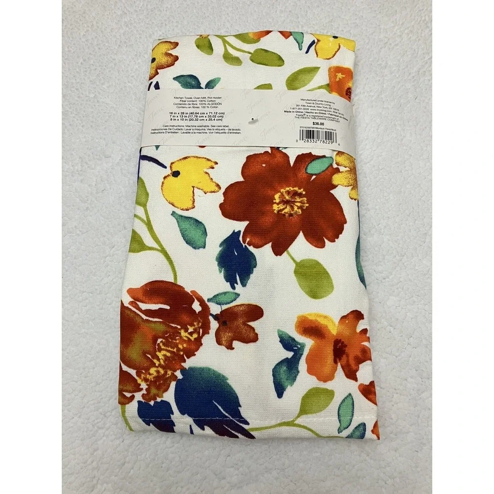 Fiesta Floral Kitchen Towel, Oven Mitt and Pot Holder Set Montauk New With Tags